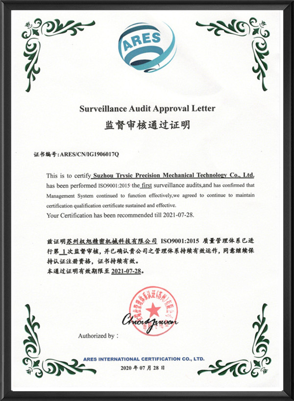 Certificate of passing supervision and audit